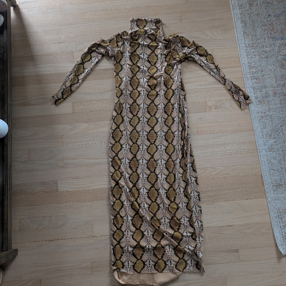 AFRM Snake-Print Turtleneck Maxi Dress in Tan and Yellow